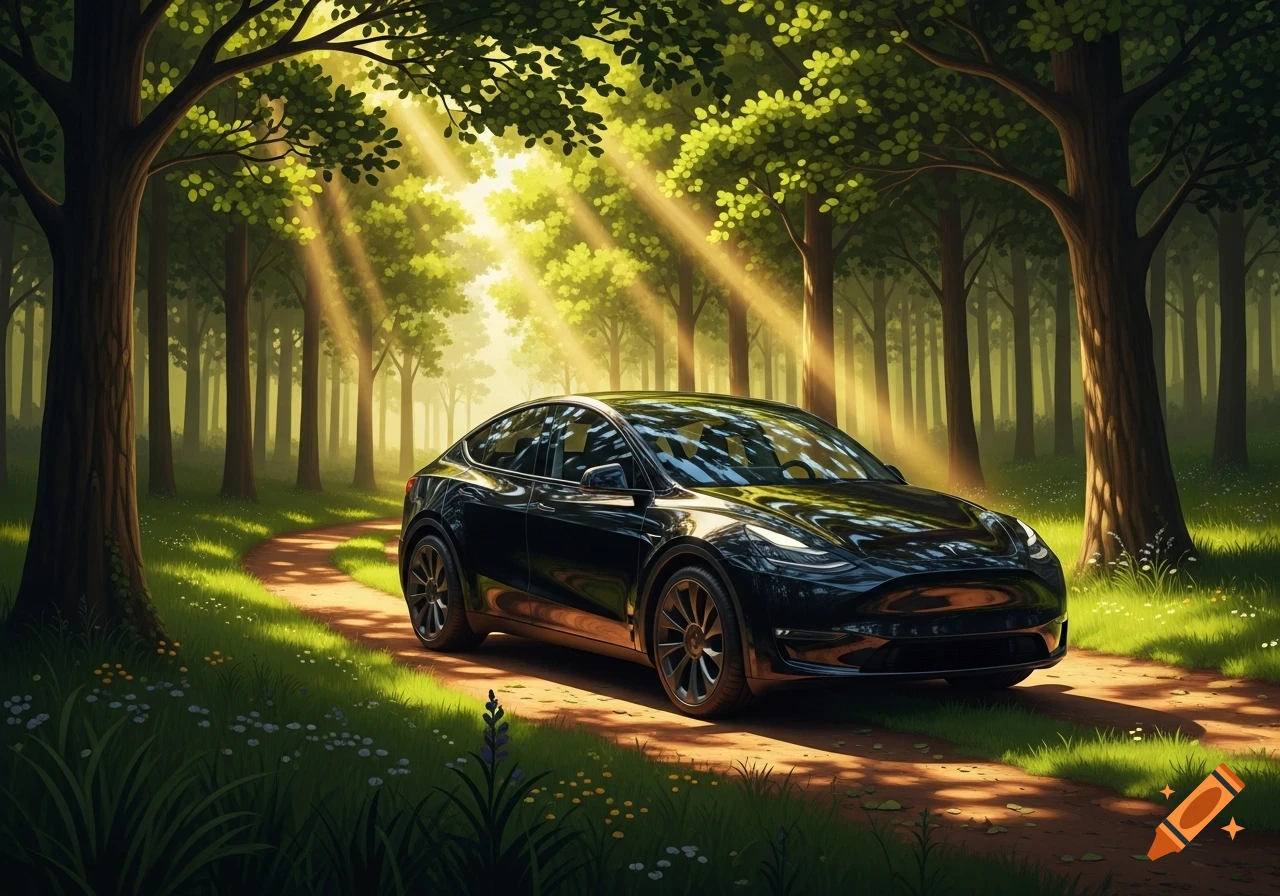 Black Tesla Model Y parked on a dirt path in a sunlit forest with tall trees and green grass.