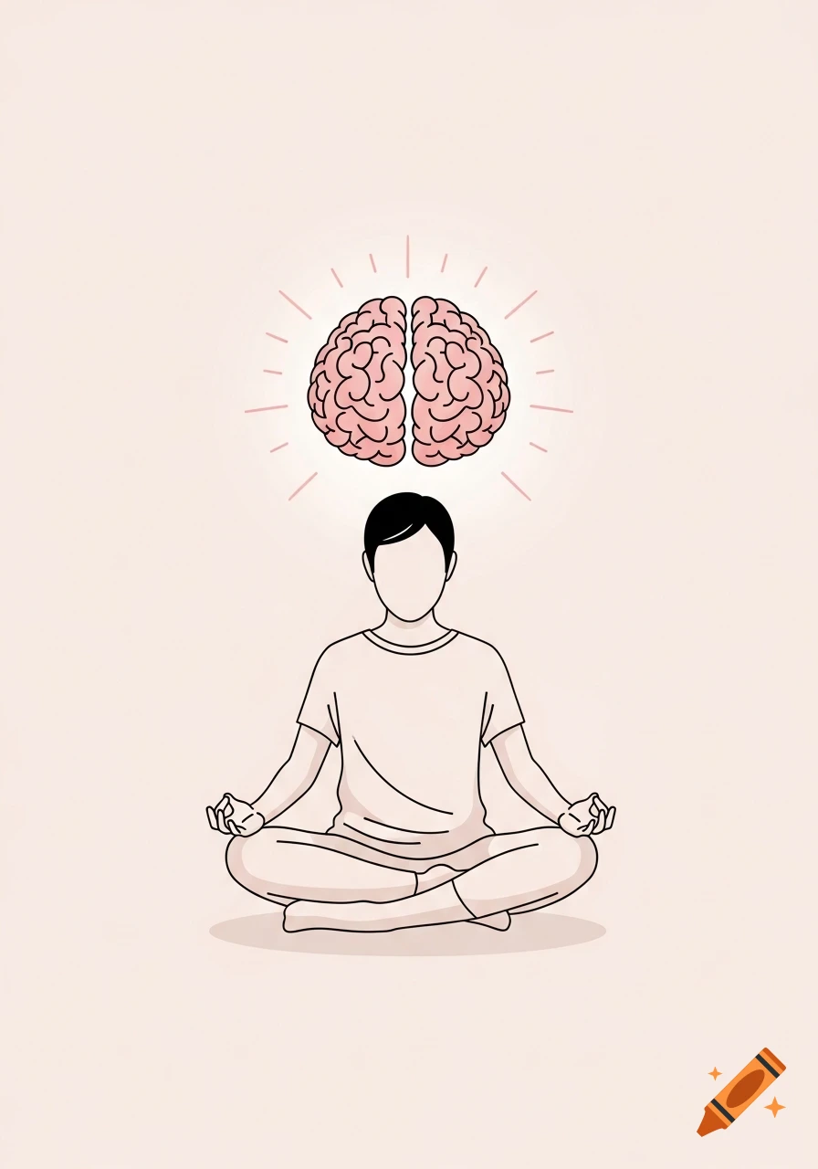 Minimalist flat illustration of a person meditating with a glowing cartoon brain above their head.