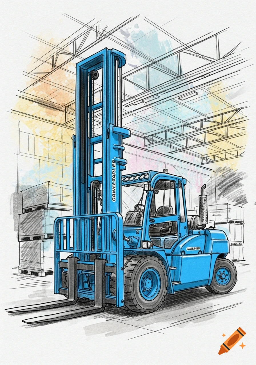 A blue forklift with black forks parked in a warehouse, rendered in a sketch style with watercolor accents.