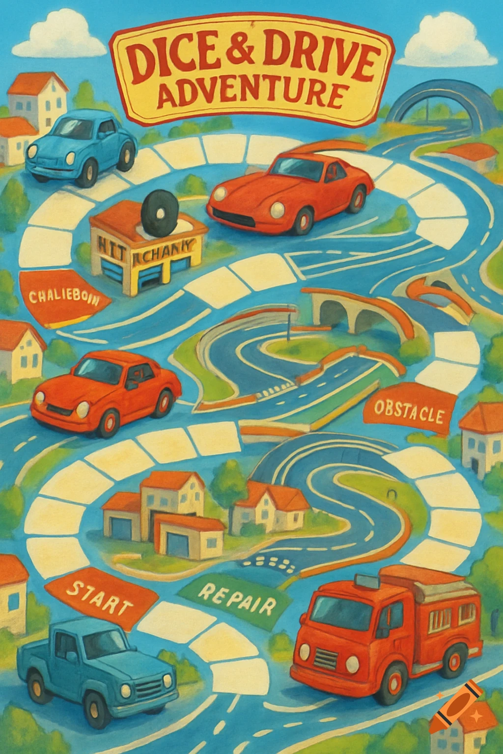 A vibrant, colorful game board for "Dice & Drive Adventure" with roads, houses, various cars, trucks, and labeled spaces like 'Start', 'Obstacle', and 'Repair'.
