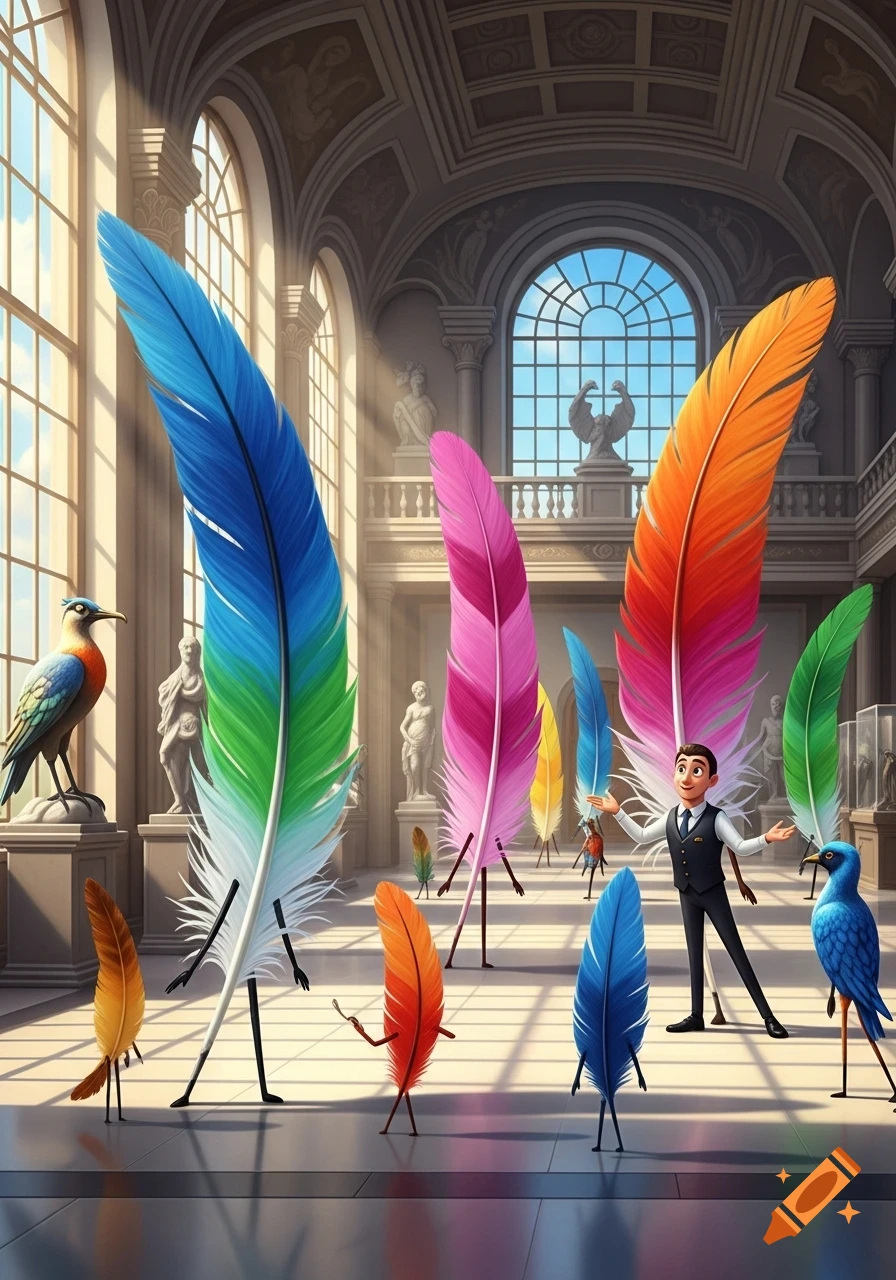 A cartoon guide gestures to a group of large, colorful feathers with legs and arms exploring a grand museum.