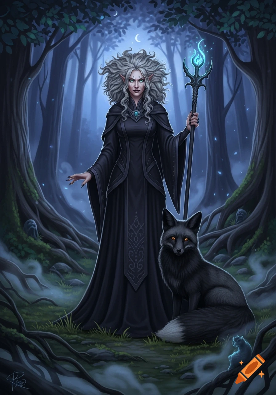 An elf witch with wild grey hair, black robes, and glowing eyes stands in a dark forest with a black fox familiar, holding a staff.