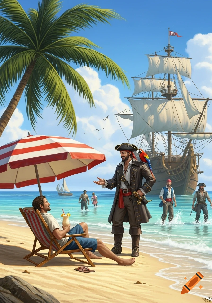 A man in a beach chair on a tropical beach talks to a pirate captain with a parrot, with a large pirate ship anchored nearby.