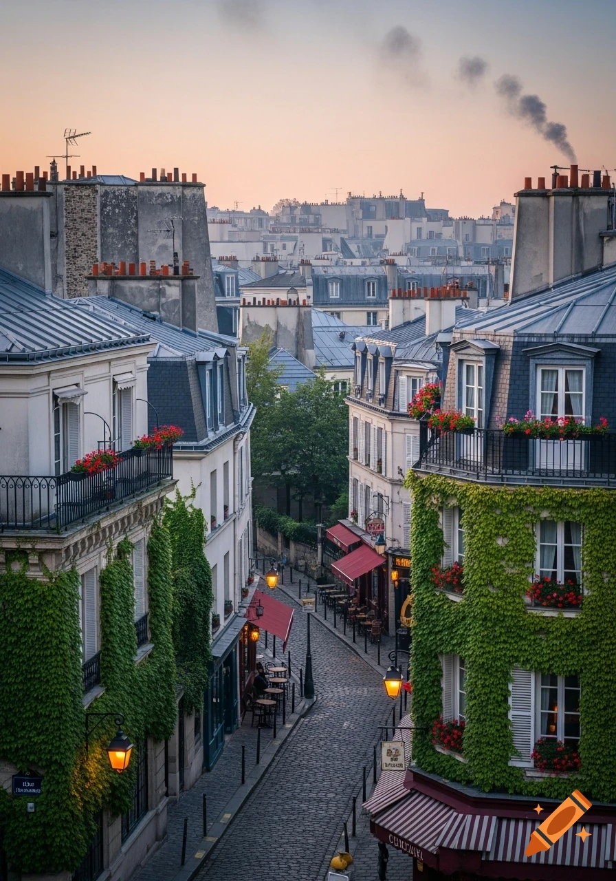 A picturesque cobblestone street in Paris with ivy-covered buildings, balconies with red flowers, and cafes at sunrise.