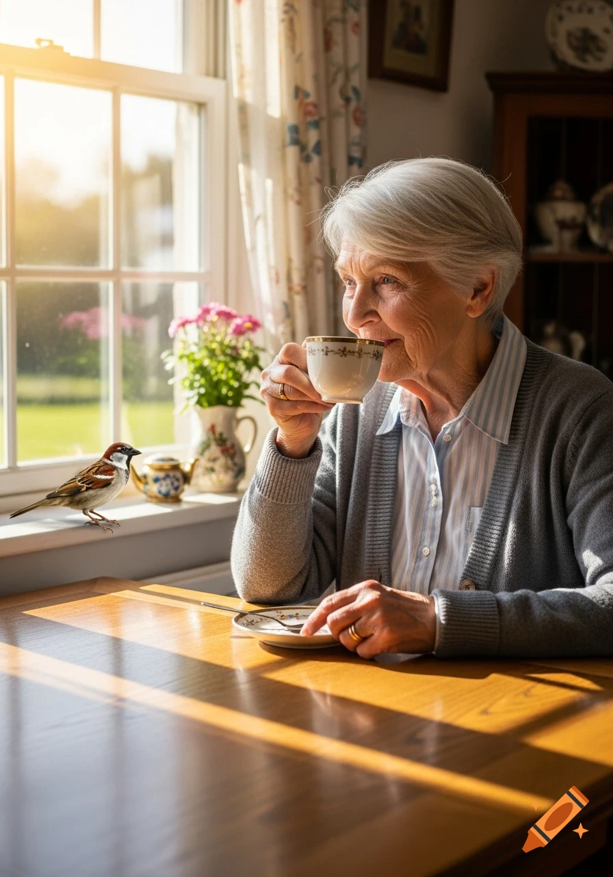 An elderly woman sips coffee at a sunlit wooden table while a sparrow perches on the windowsill.