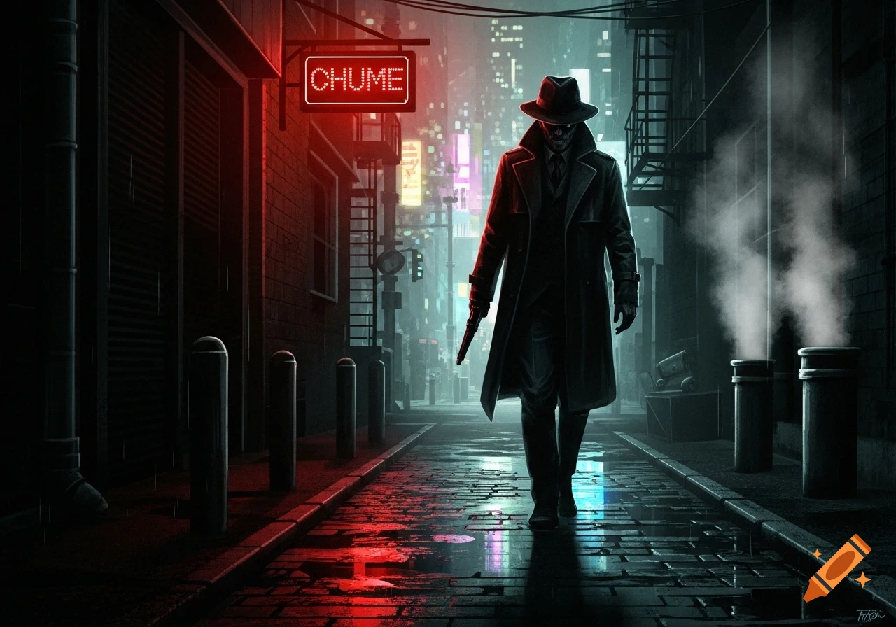 A mysterious man in a trench coat and fedora walks down a dark, wet alley at night, holding a pistol. Neon signs illuminate the scene in a dramatic, noir style.