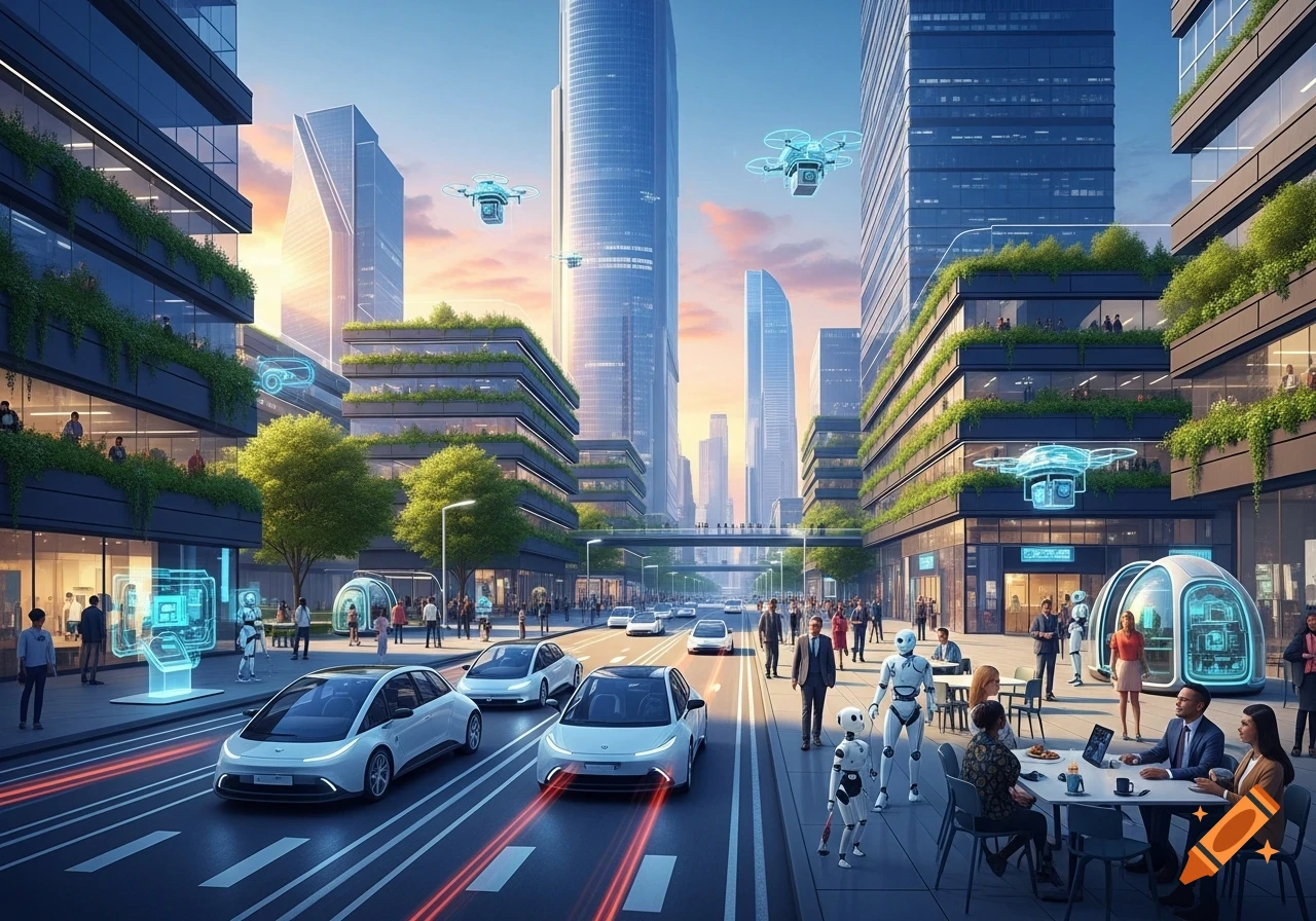 A bustling futuristic city street with self-driving cars, robots, people, and modern buildings with green roofs.