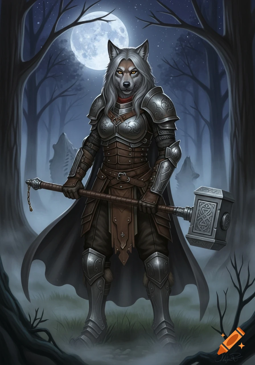 A grey-haired wolf woman in ornate silver and leather armor stands in a dark forest under a full moon, holding a large warhammer.