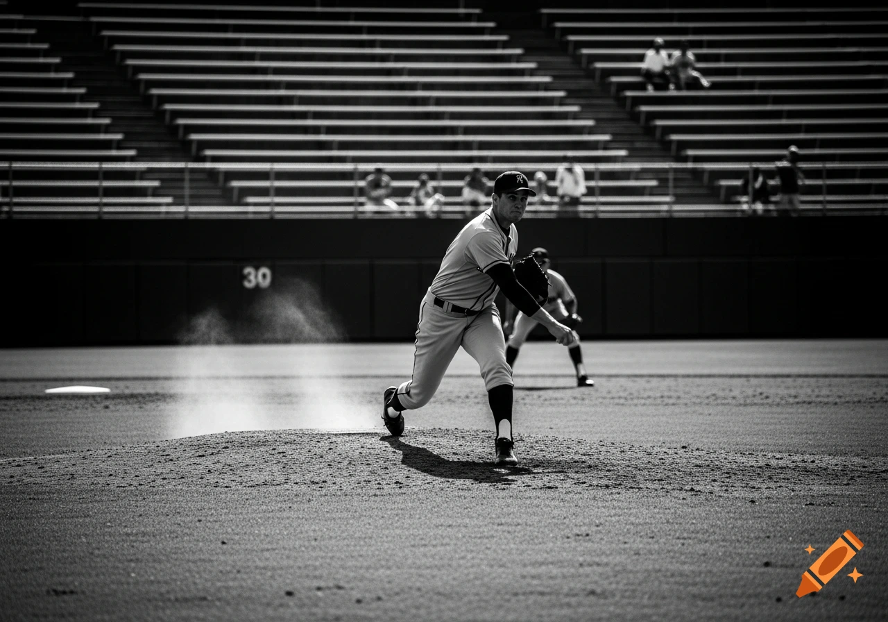 Black and white photograph of a baseball pitcher on the mound, kicking up dust, with stadium seats in the background.