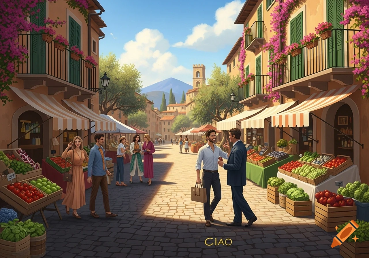 A vibrant Italian marketplace scene with people walking, shopping for fresh produce, and buildings adorned with flowers under a blue sky, with 'CIAO' written on the ground.