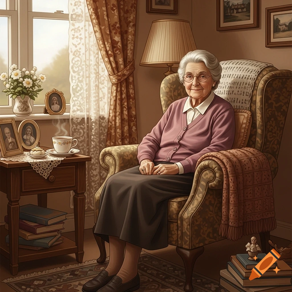 An elderly woman with white hair and glasses smiles while sitting in a patterned armchair in a cozy living room, next to a window and a side table with tea.