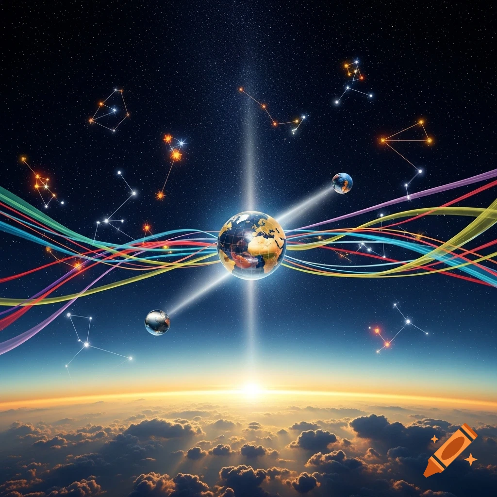 Conceptual image of a glowing Earth in space, surrounded by colorful light trails and constellations, above clouds at sunrise.