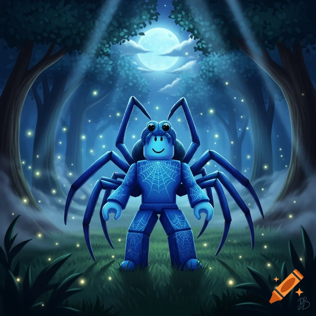 Blue Roblox character in a spider costume in a moonlit fantasy forest with fireflies, digital art.
