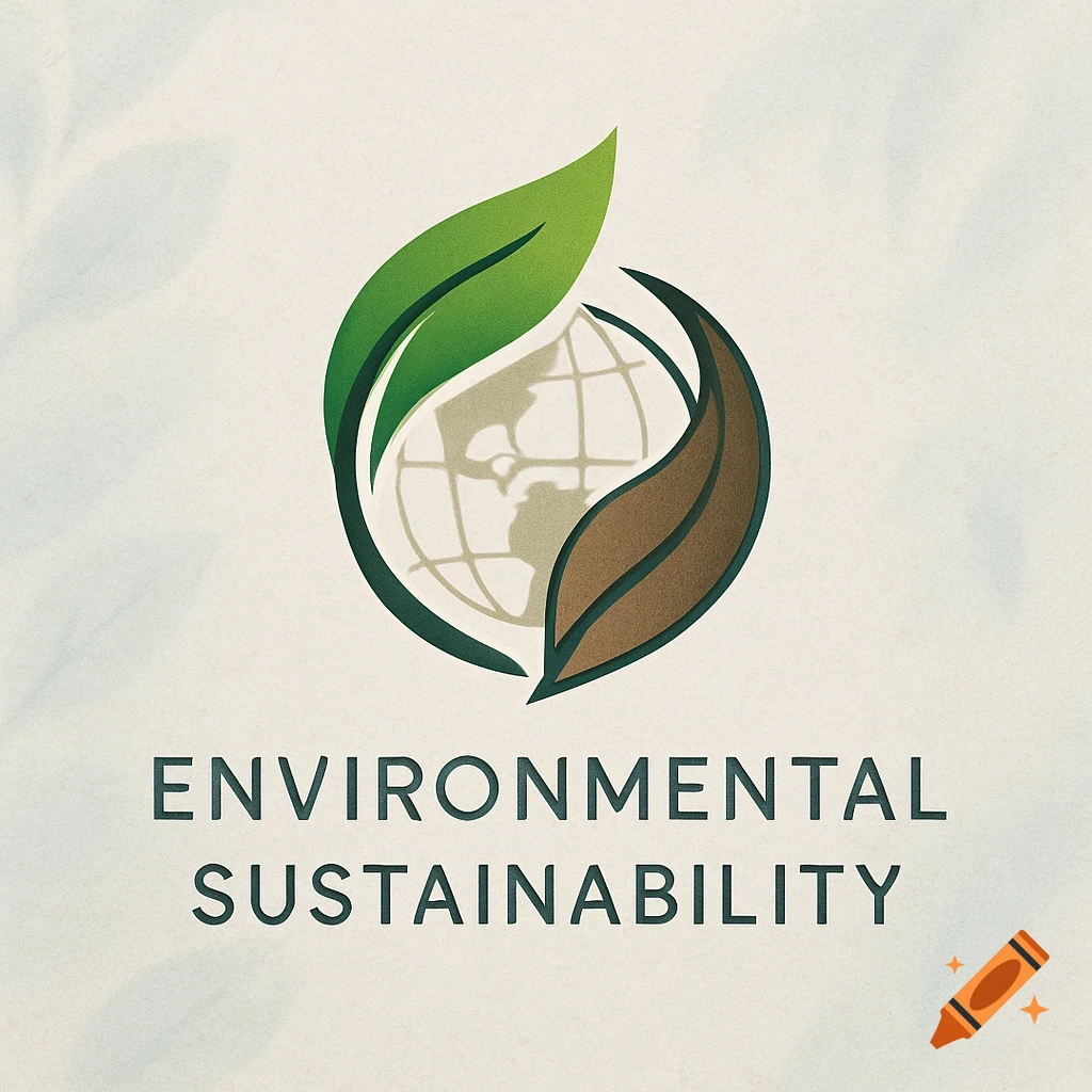 A stylized logo with two leaves, one green and one brown, embracing a faint globe icon, above the words "ENVIRONMENTAL SUSTAINABILITY".