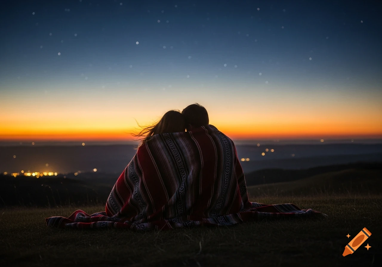 A couple wrapped in a blanket sits on a hilltop, silhouetted against a vibrant sunset sky and distant city lights.
