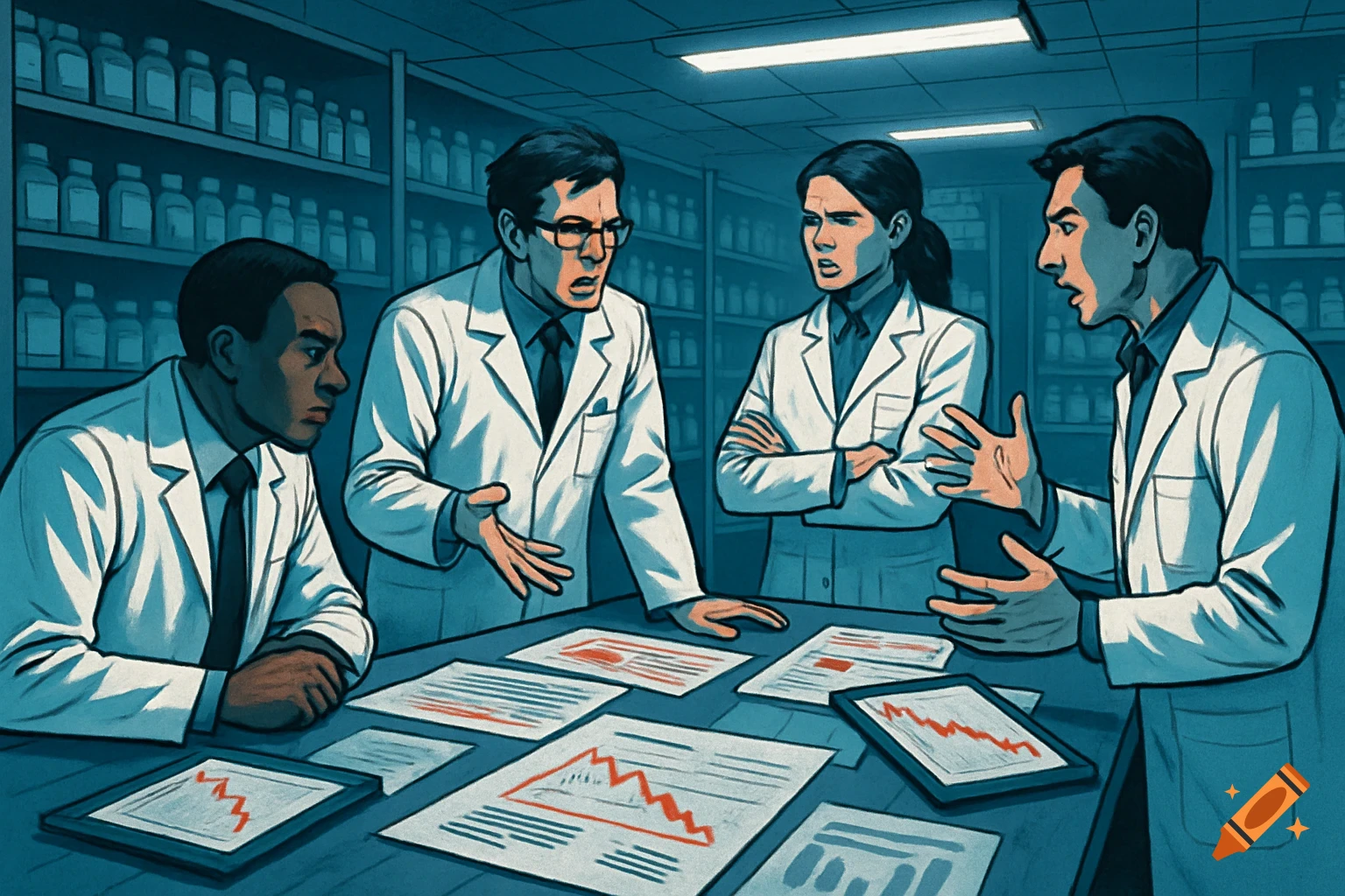 Four scientists in lab coats discuss around a table with graphs in a stylized illustration of a lab.