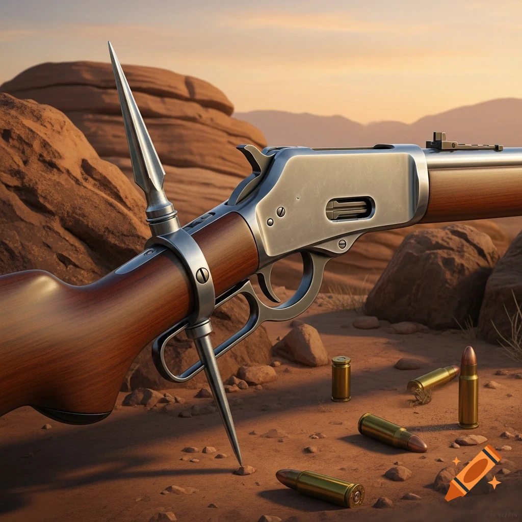 Photorealistic close-up of a lever-action rifle with a spike bayonet, on a rocky desert ground with scattered ammunition.