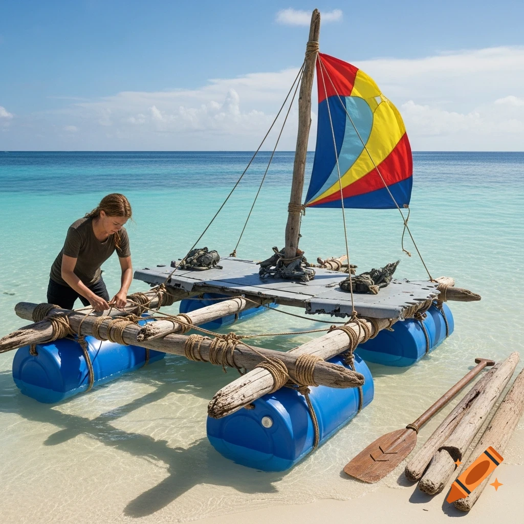 A woman builds a makeshift raft with blue barrels and driftwood on a sunny tropical beach.