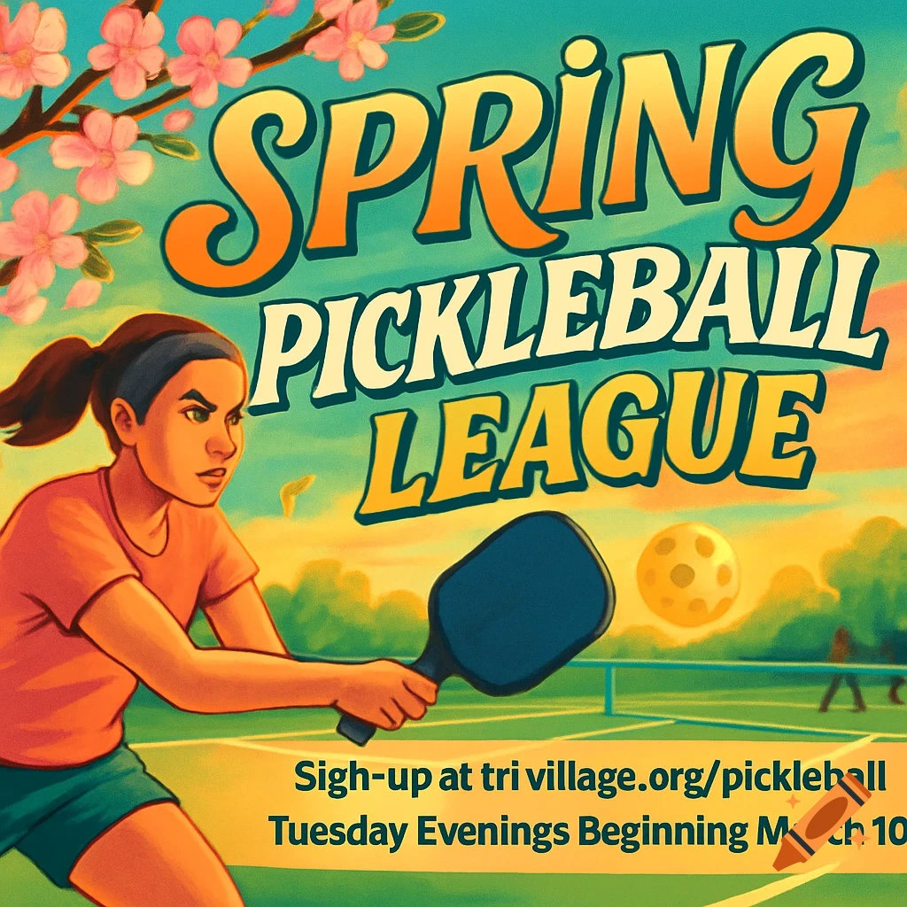A stylized illustration poster advertising a "Spring Pickleball League." A woman in a headband holds a paddle, ready to hit a pickleball on a court, with cherry blossoms overhead.