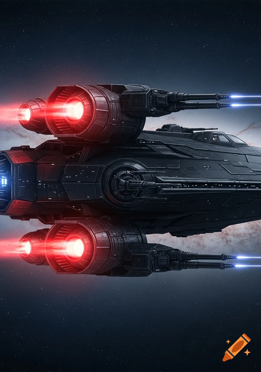 A sleek black sci-fi spaceship with red thrusters and blue laser cannons flying through dark starry space.