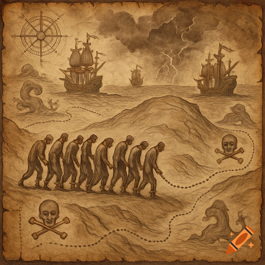 An old treasure map style illustration depicting a chained line of people walking across land, with pirate ships on a stormy sea and lightning in the background. A compass rose, skull and crossbones symbols, and a sea monster are also visible.