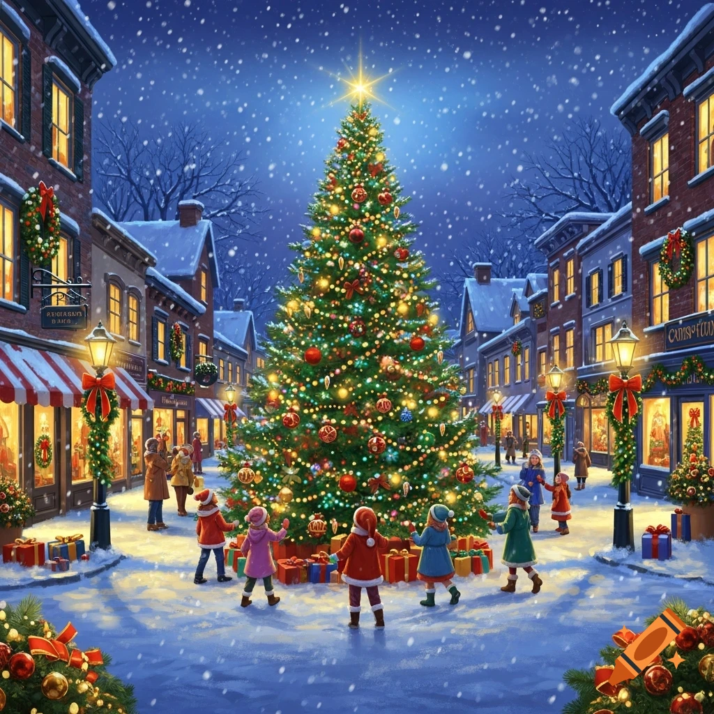 A vibrant, snowy Christmas scene in a town square with a large, lit Christmas tree and people admiring it.