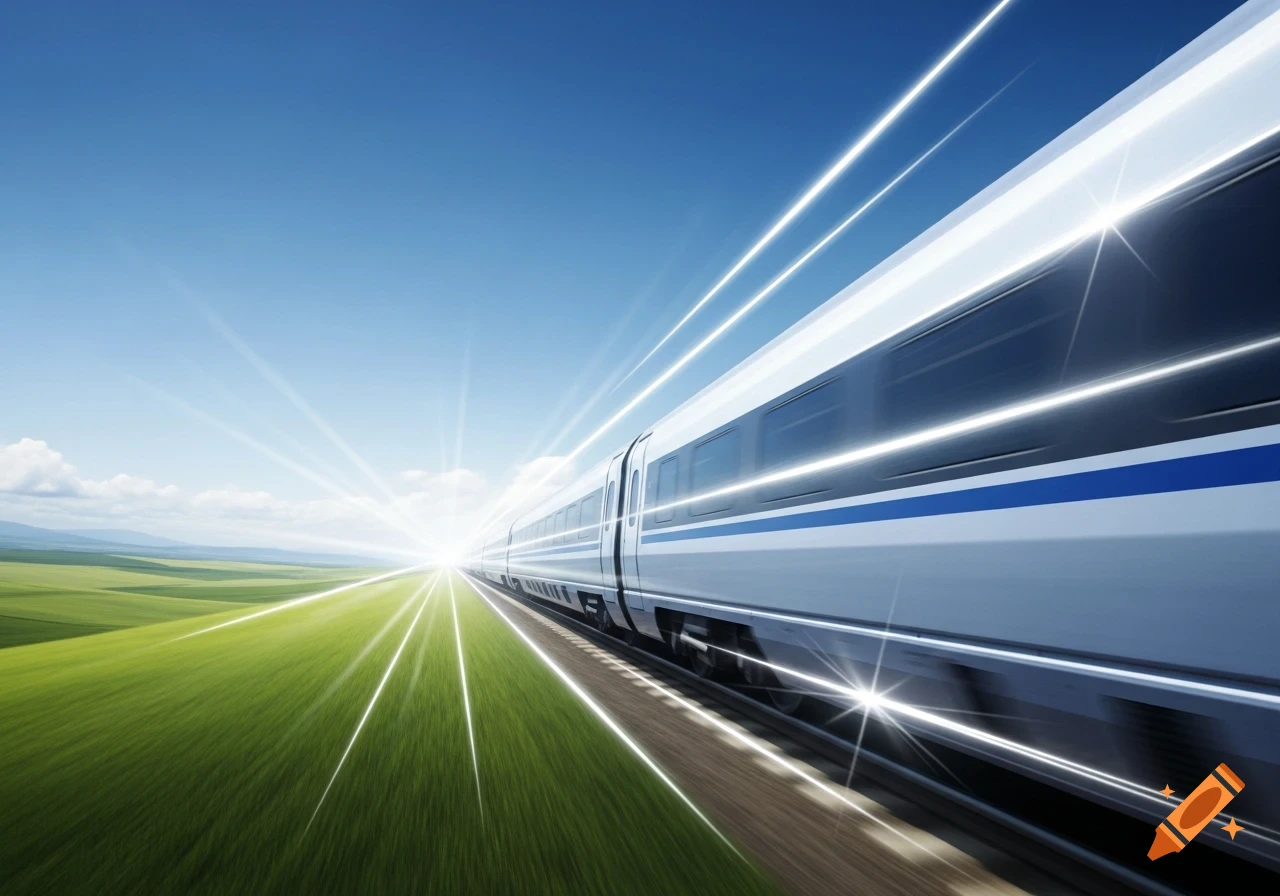 A fast white and blue bullet train speeds through a green field under a clear blue sky, with bright light streaks emphasizing motion.
