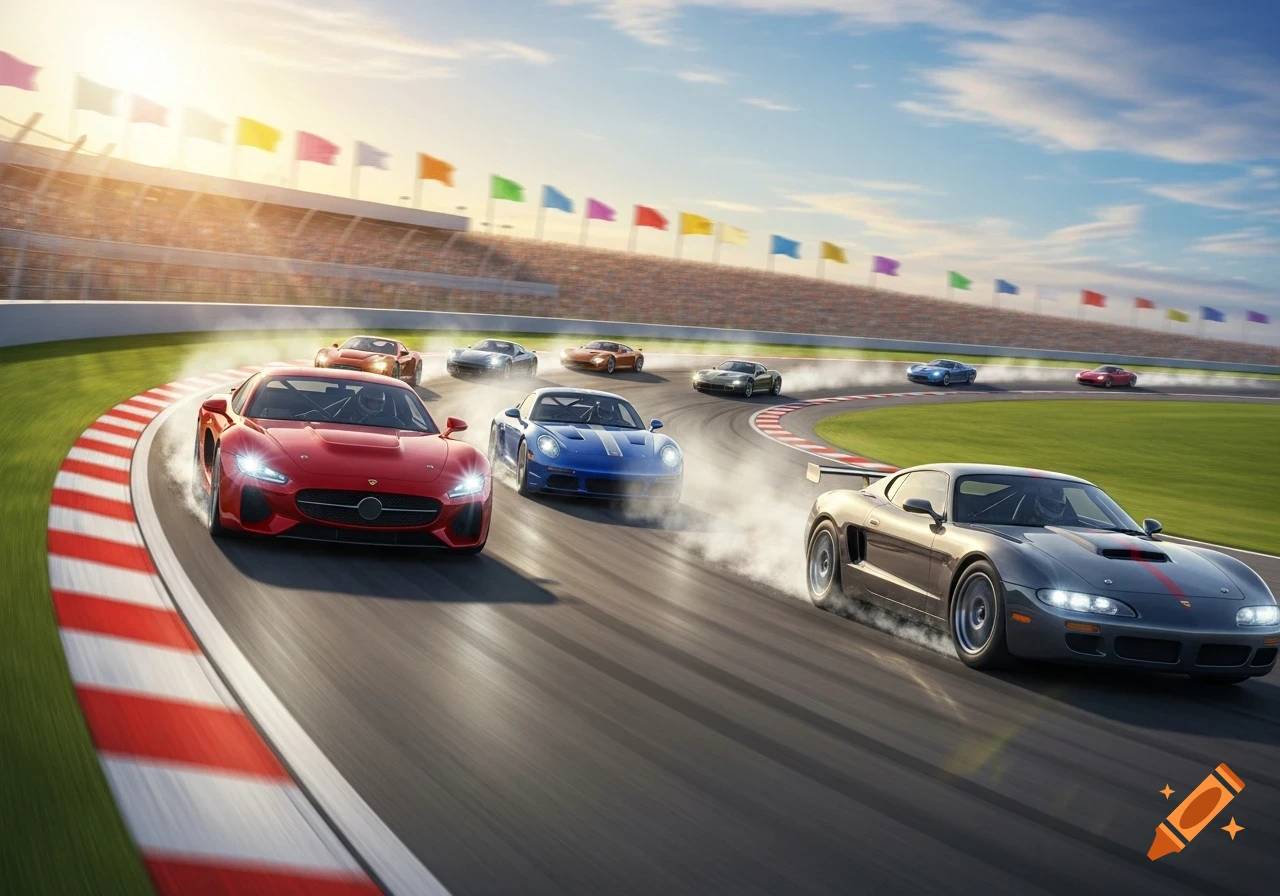 Multiple colorful sports cars race around a bend on a track, leaving tire smoke, with grandstands and flags in the background under a bright sky.