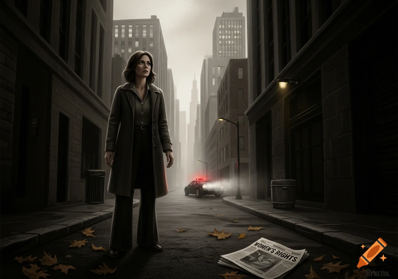 A woman in a trench coat stands on a dark, foggy city street with a newspaper titled "WOMEN'S RIGHTS" on the ground. A police car is in the background.