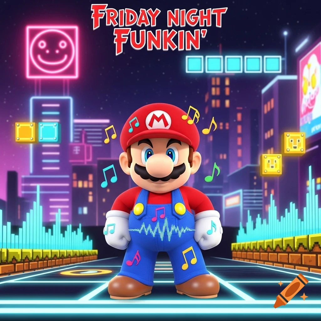 Mario stands in a vibrant neon cityscape, surrounded by musical notes and glowing blocks, with "Friday Night Funkin'" text at the top.