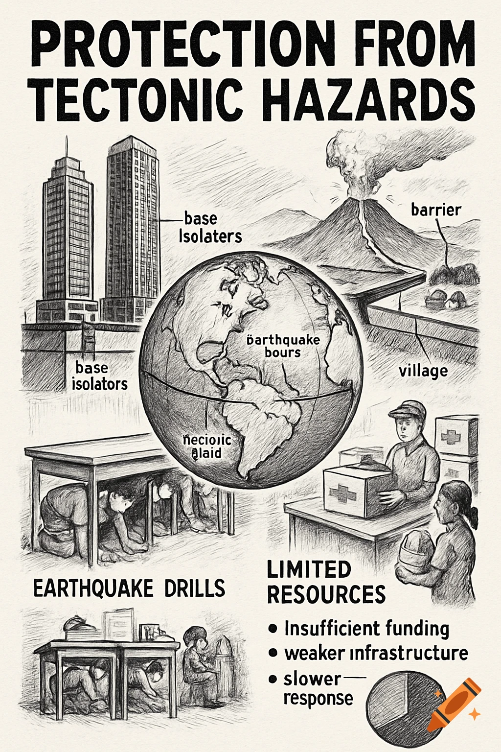 A black and white sketch poster about tectonic hazard protection, featuring buildings with base isolators, a globe showing earthquake zones, a volcano with a barrier, people doing earthquake drills, and aid distribution, with various labels and text.