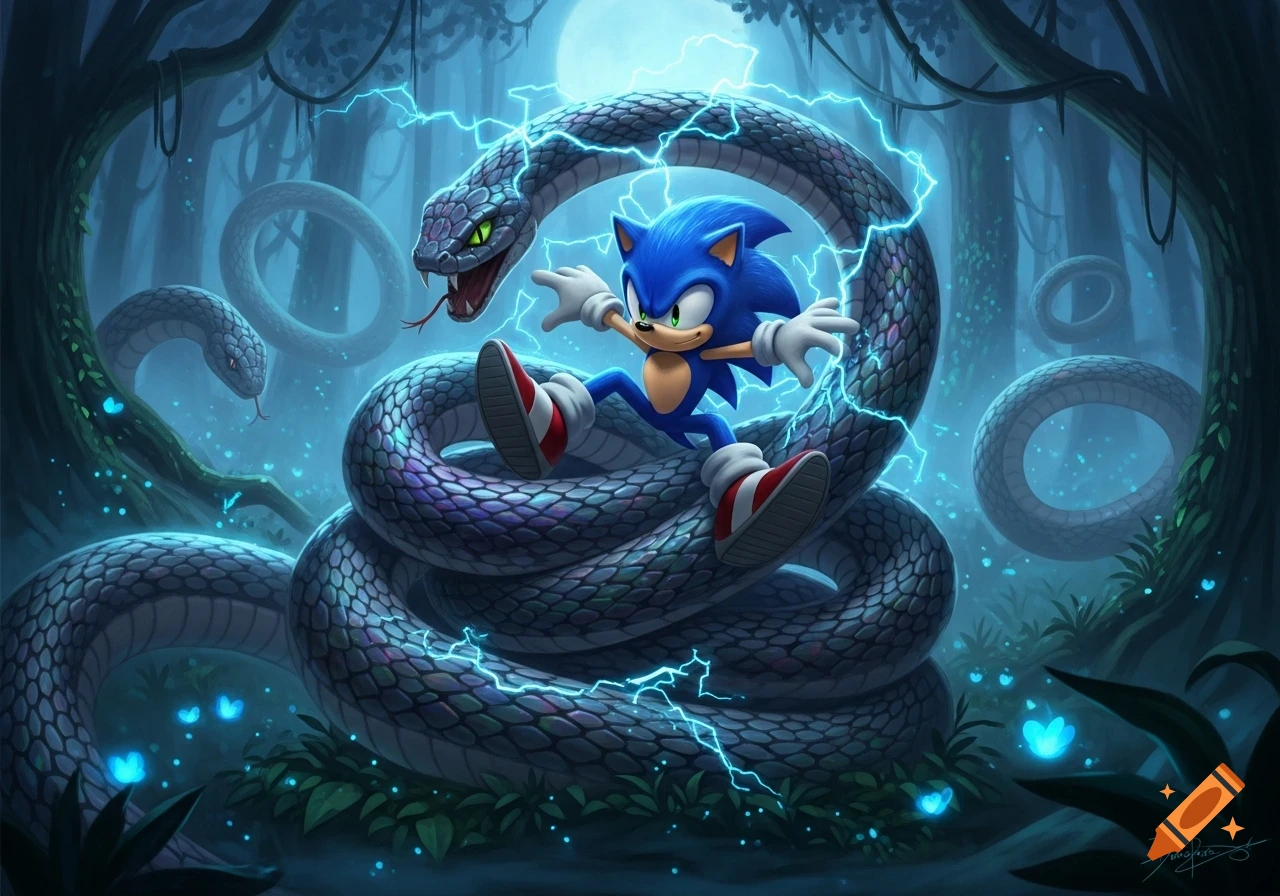 Sonic the Hedgehog wrapped in large snake coils, surrounded by blue lightning in a dark, glowing forest.