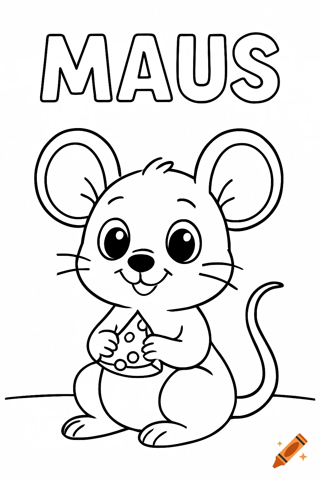 Line art coloring page of a cute cartoon mouse holding a slice of cheese, with the word MAUS above.