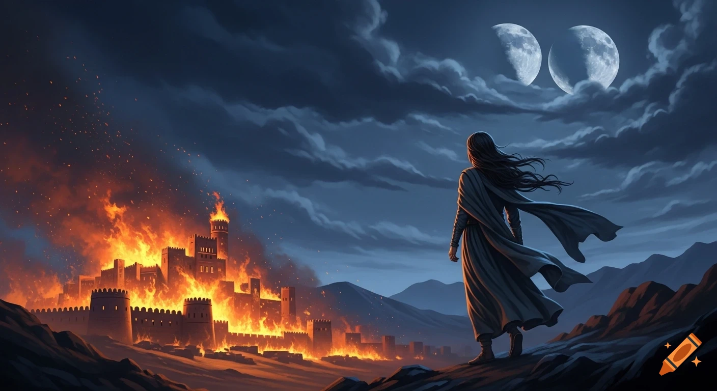 A person in a cloak stands on a hill, looking at a burning fortress under two bright moons in a dark, cloudy night sky.