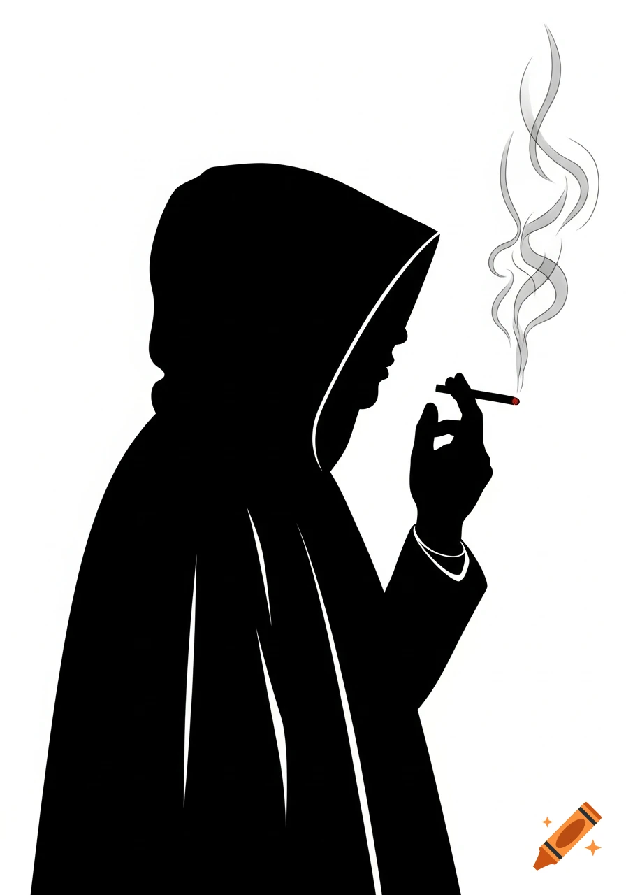 Side view silhouette of a hooded figure holding a lit cigarette with smoke rising, on a white background.