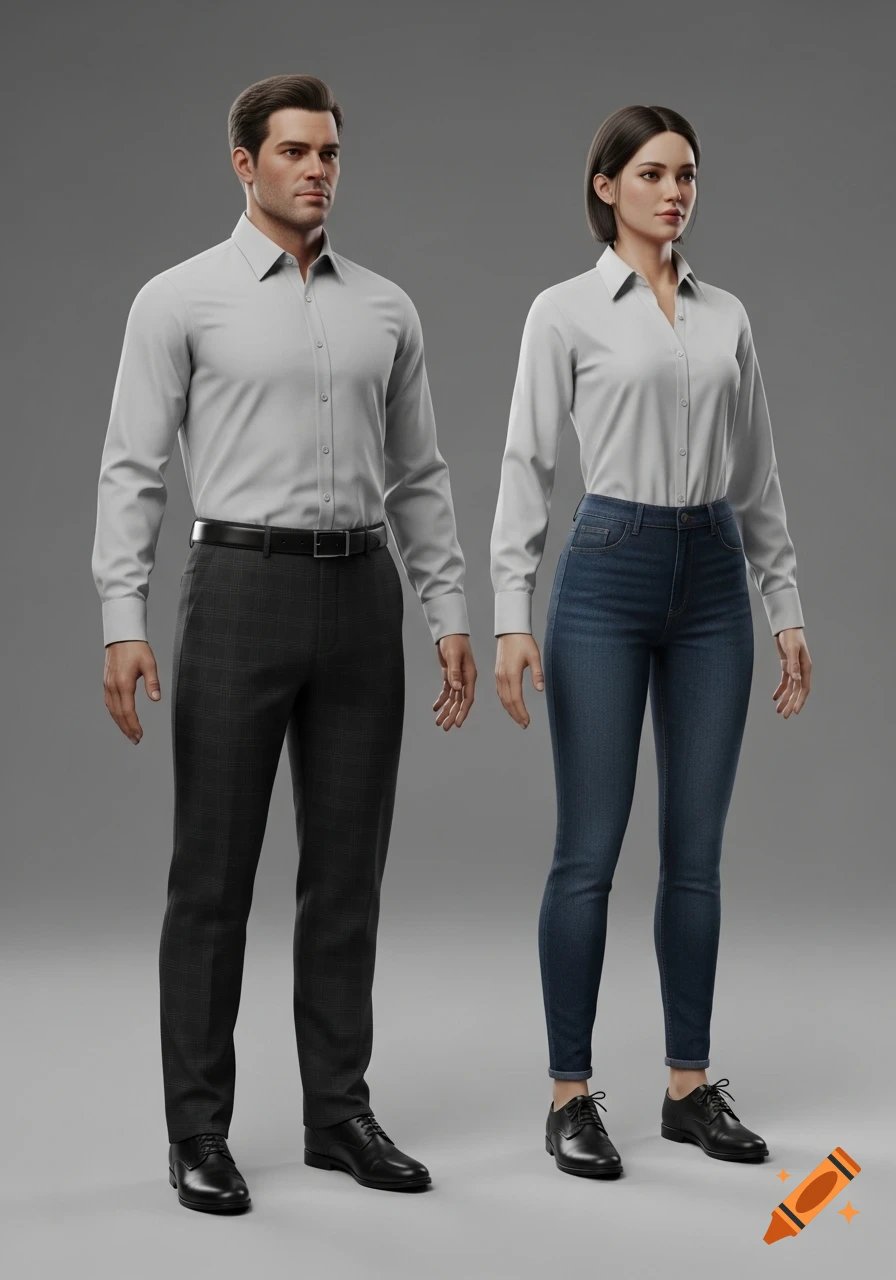 Two photorealistic 3D rendered human figures, a man and a woman ...
