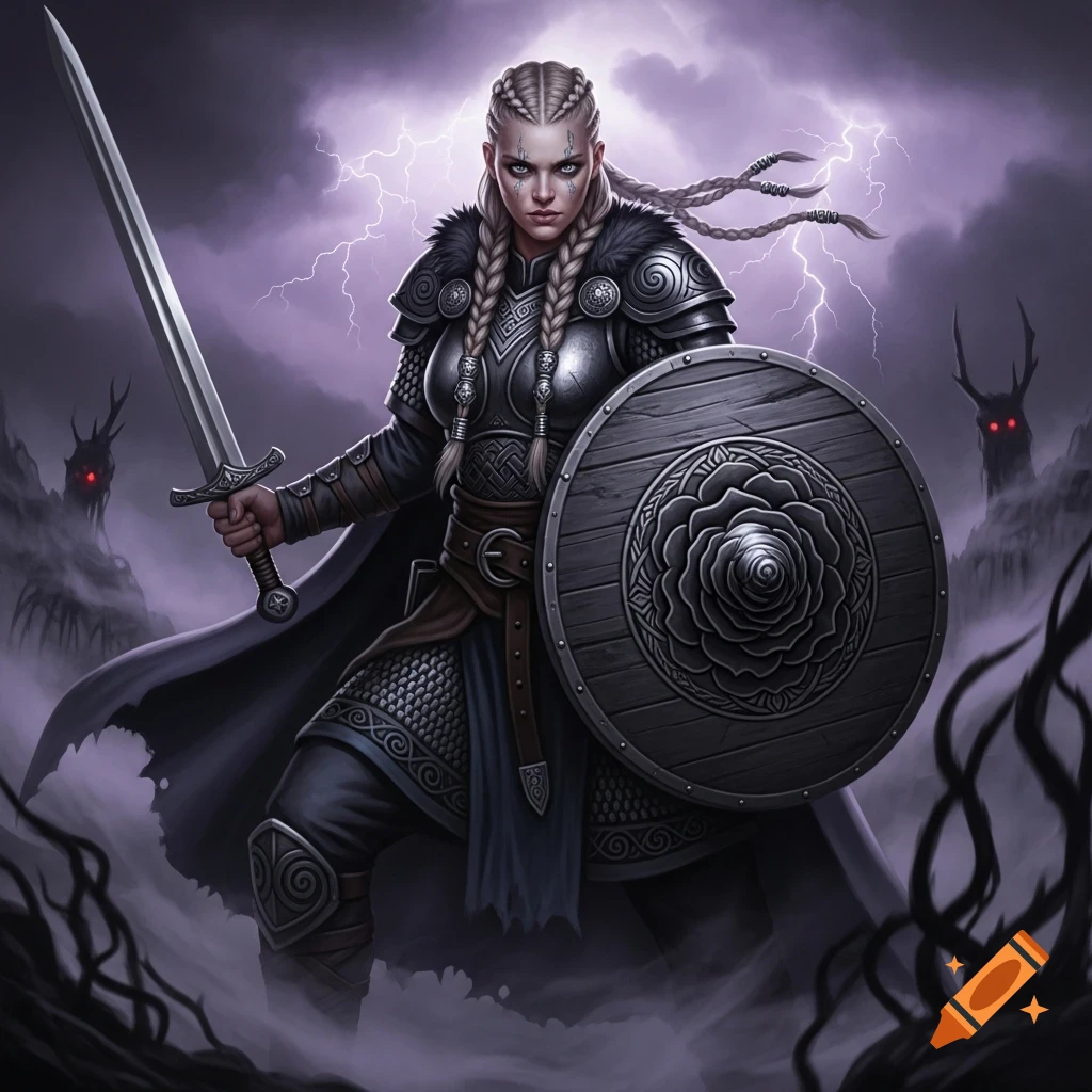 A blonde Viking warrior in armor holds a sword and a shield with a black rose, standing in a dark, stormy fantasy landscape with monsters and lightning.