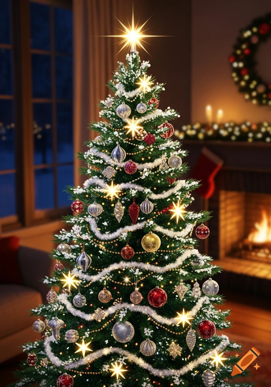 A glowing Christmas tree adorned with colorful baubles and stars in a warm room with a fireplace and window.