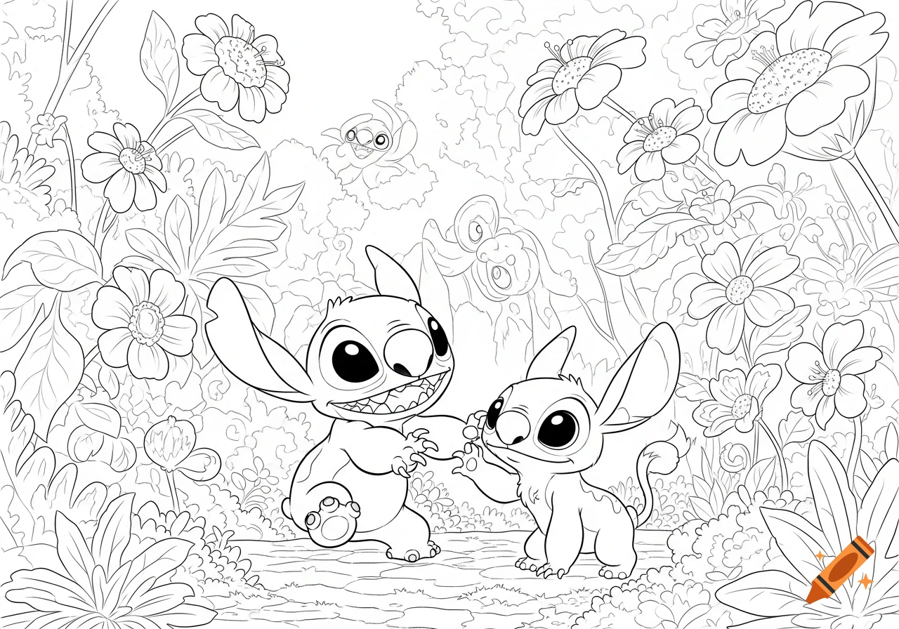 Black and white coloring page of Stitch playing with a small fantasy creature in a jungle full of large flowers.