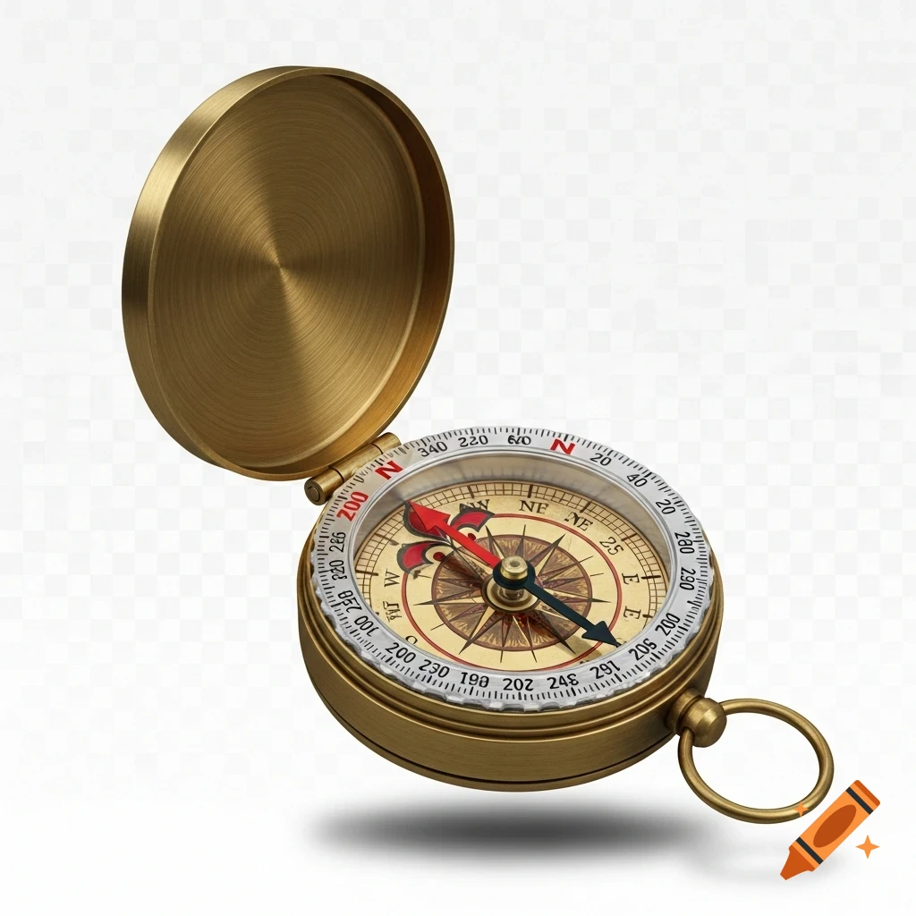 A detailed, photorealistic antique brass compass with its lid open, showing a detailed dial and a red and black needle on a transparent background.
