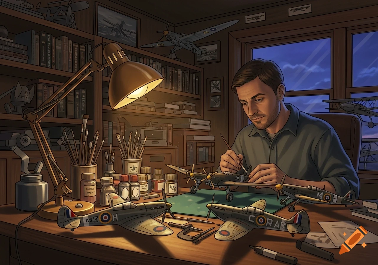 An illustrated man works on model airplanes at a desk with tools and paints, bookshelves, and a window showing dusk.