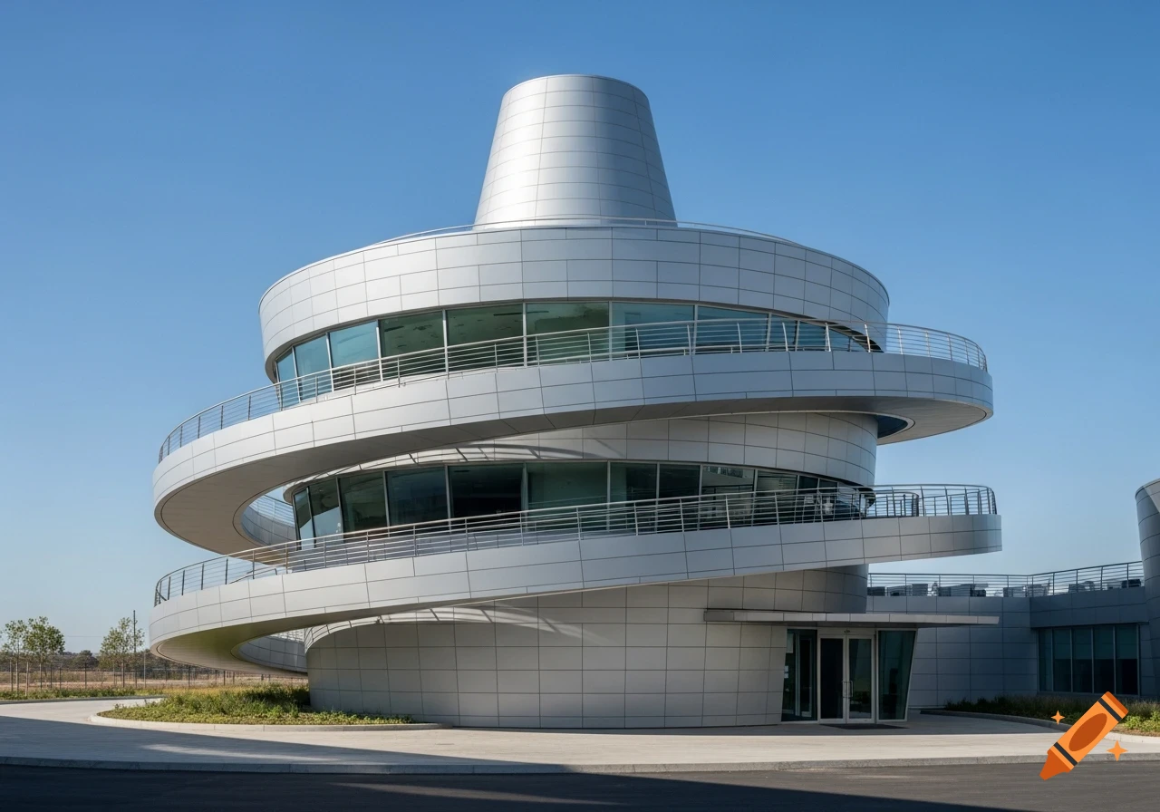 A futuristic, cone-shaped building with a spiral ramp and long windows, under a clear blue sky.