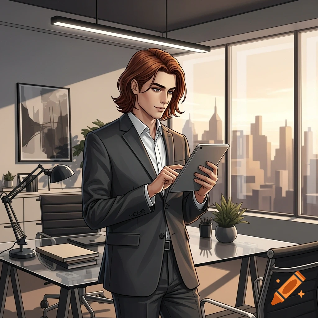 An anime-style professional man with auburn shoulder-length hair uses a tablet in a modern office overlooking a cityscape.