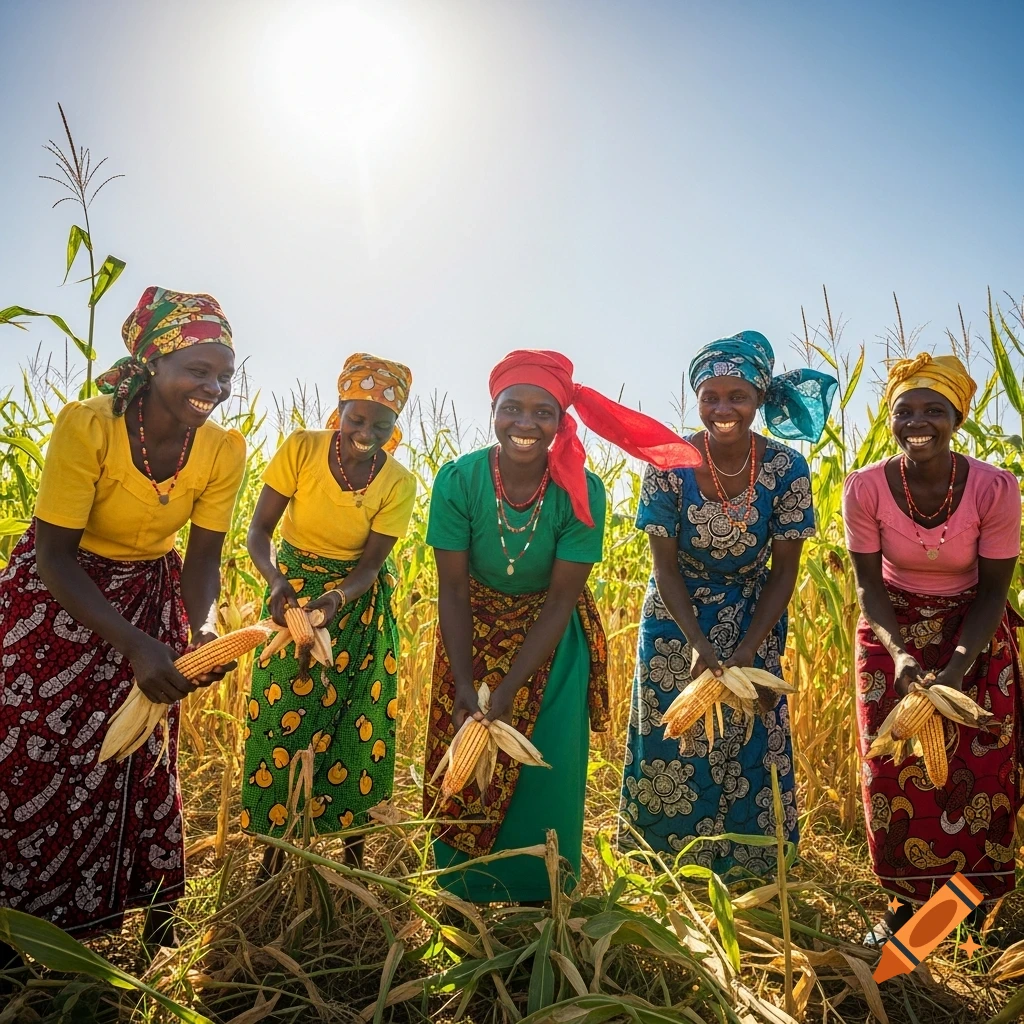 Five smiling African women in colorful clothes harvest corn in a sunny golden cornfield, photorealistic style.