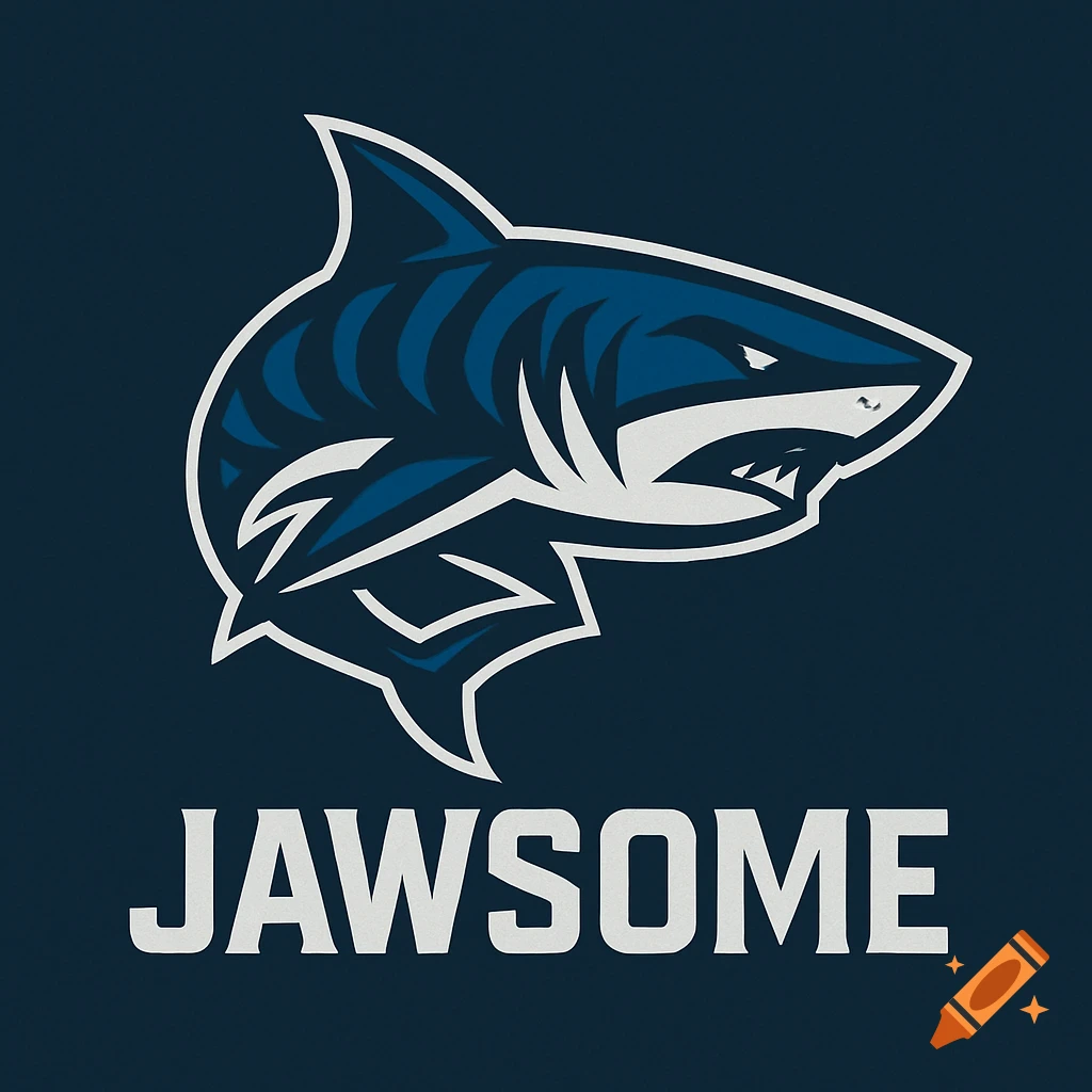 Stylized blue and white shark logo above the word 'JAWSOME' on a dark blue background.