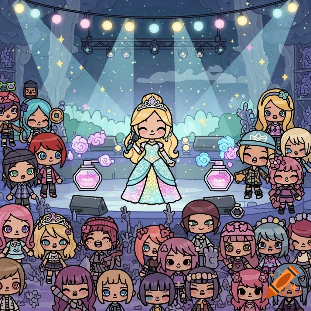 A blonde princess in a colorful dress sings on a stage under spotlights to a large cartoon crowd, Toca Life style.