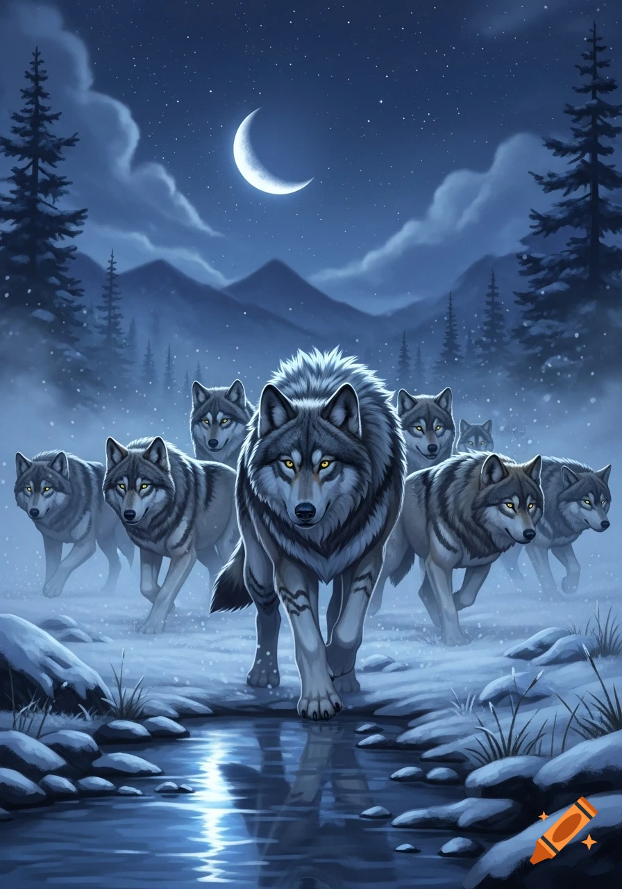 A pack of wolves with glowing yellow eyes walks through a moonlit snowy forest beside a stream, digital art style.