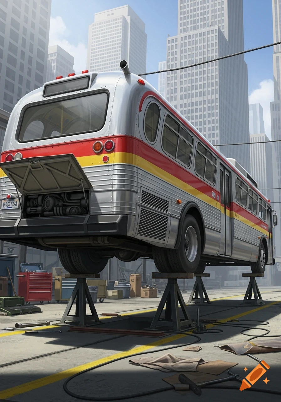 A vintage bus, red, yellow, and silver, lifted on repair stands in an outdoor repair yard with city buildings in the background.