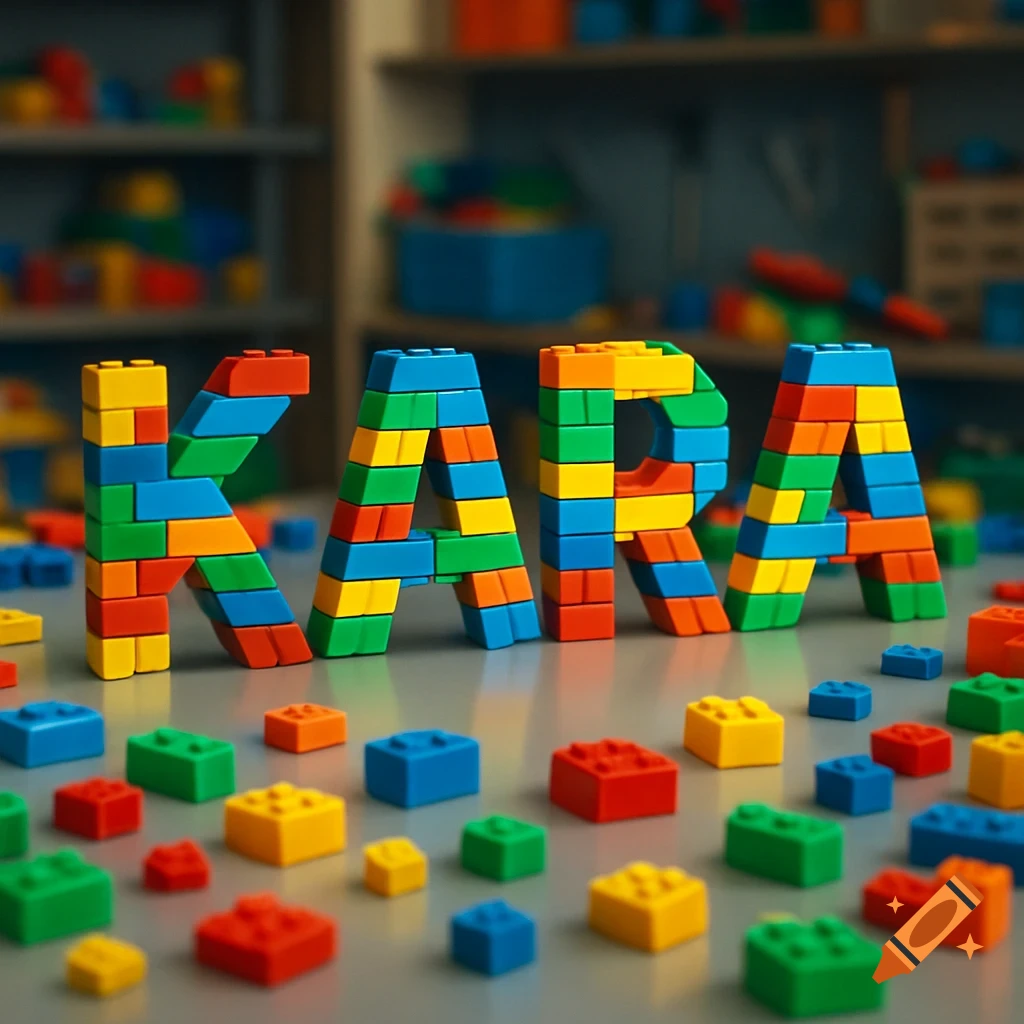 Colorful Lego blocks spell 'KARA' on a table with scattered blocks and a blurred toy room background.
