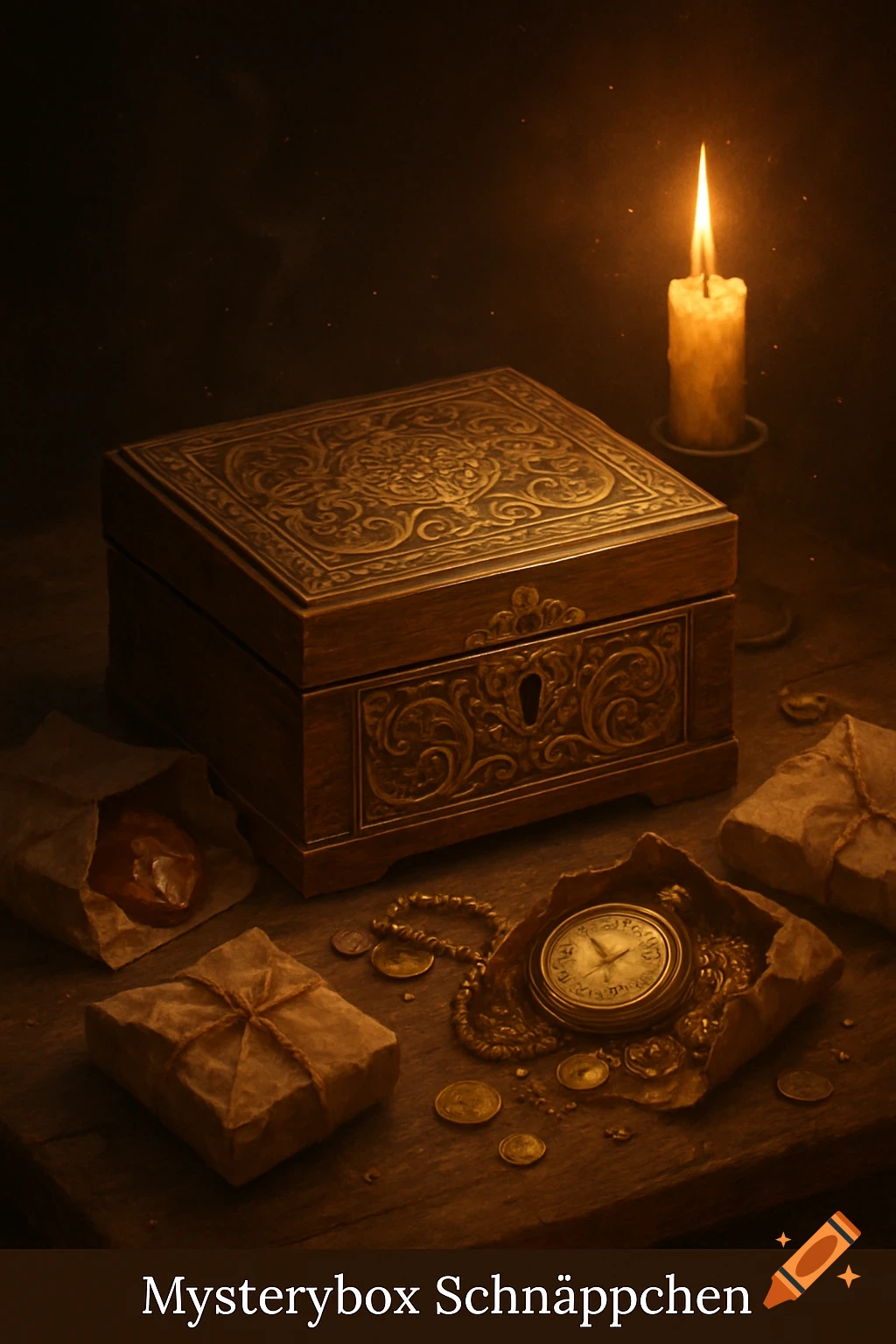 An ornate wooden mystery box, lit candle, pocket watch, coins, and wrapped packages on a dark wooden table.